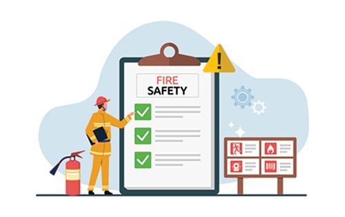 Fire safety awareness illustration with a fire extinguisher and safety checklist
